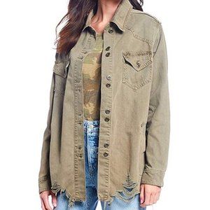 Free People Olive Moonchild Shirt Jean Jacket Size Small CUTE Boho Trend